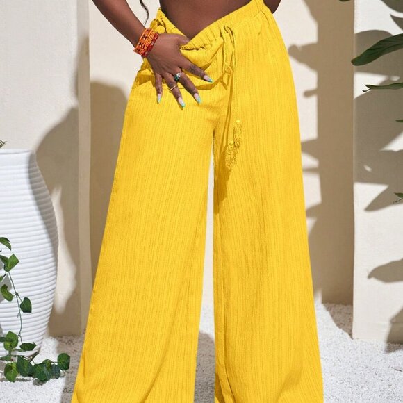 Yellow Casual Women's Full Length wide legging flowy Pants - Picture 8 of 9